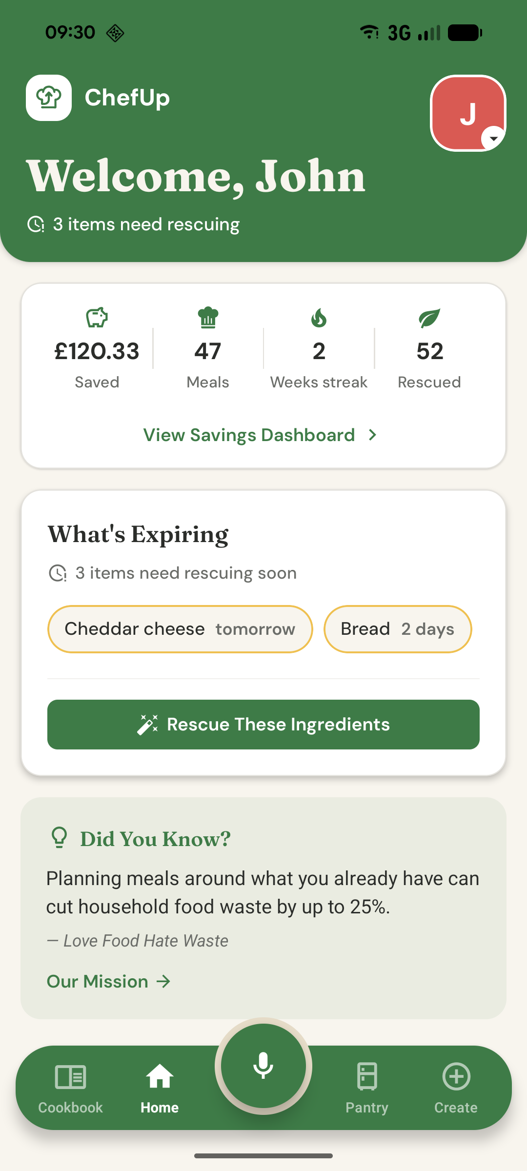 ChefUp Home dashboard showing money saved, cooking streak, and items expiring soon