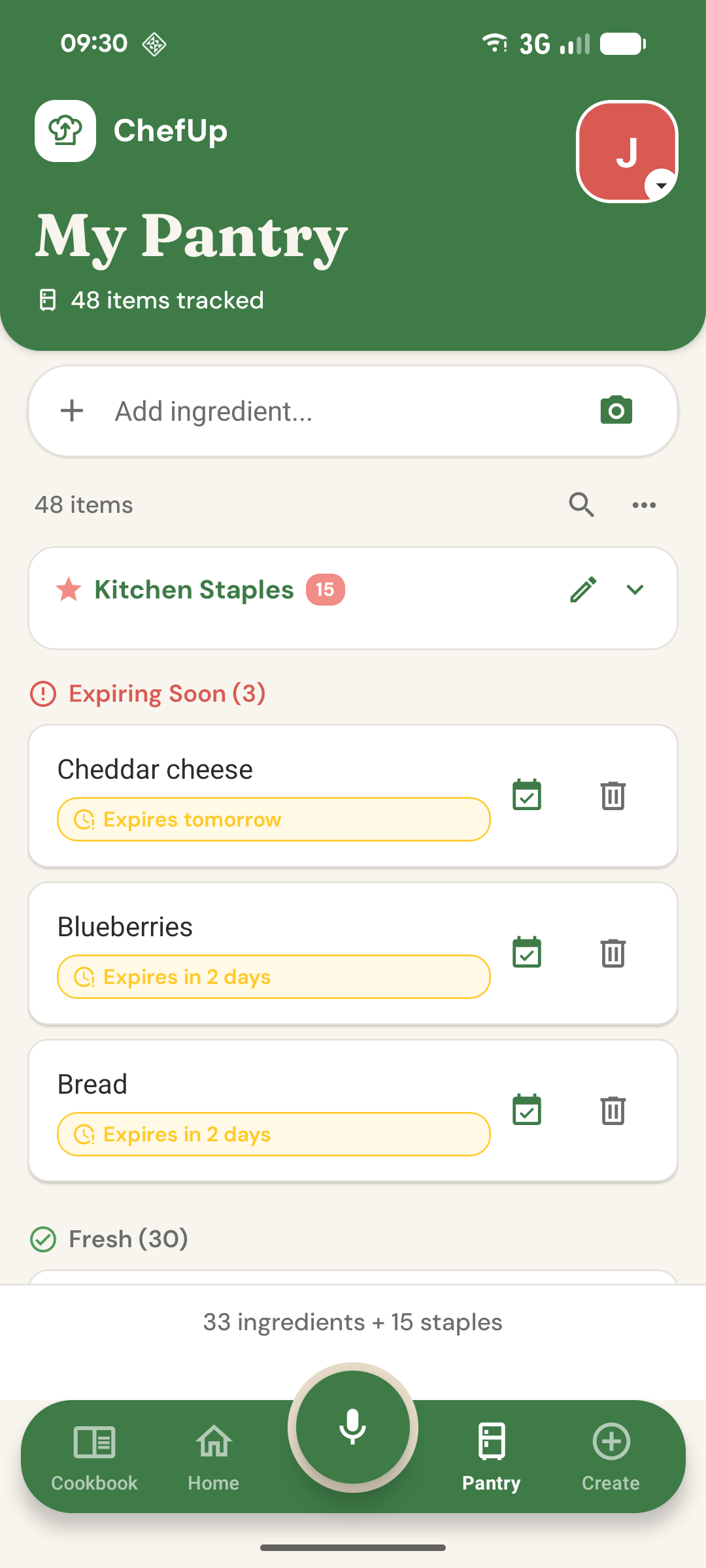 My Pantry view with items sorted by expiry and one-tap ingredient adding