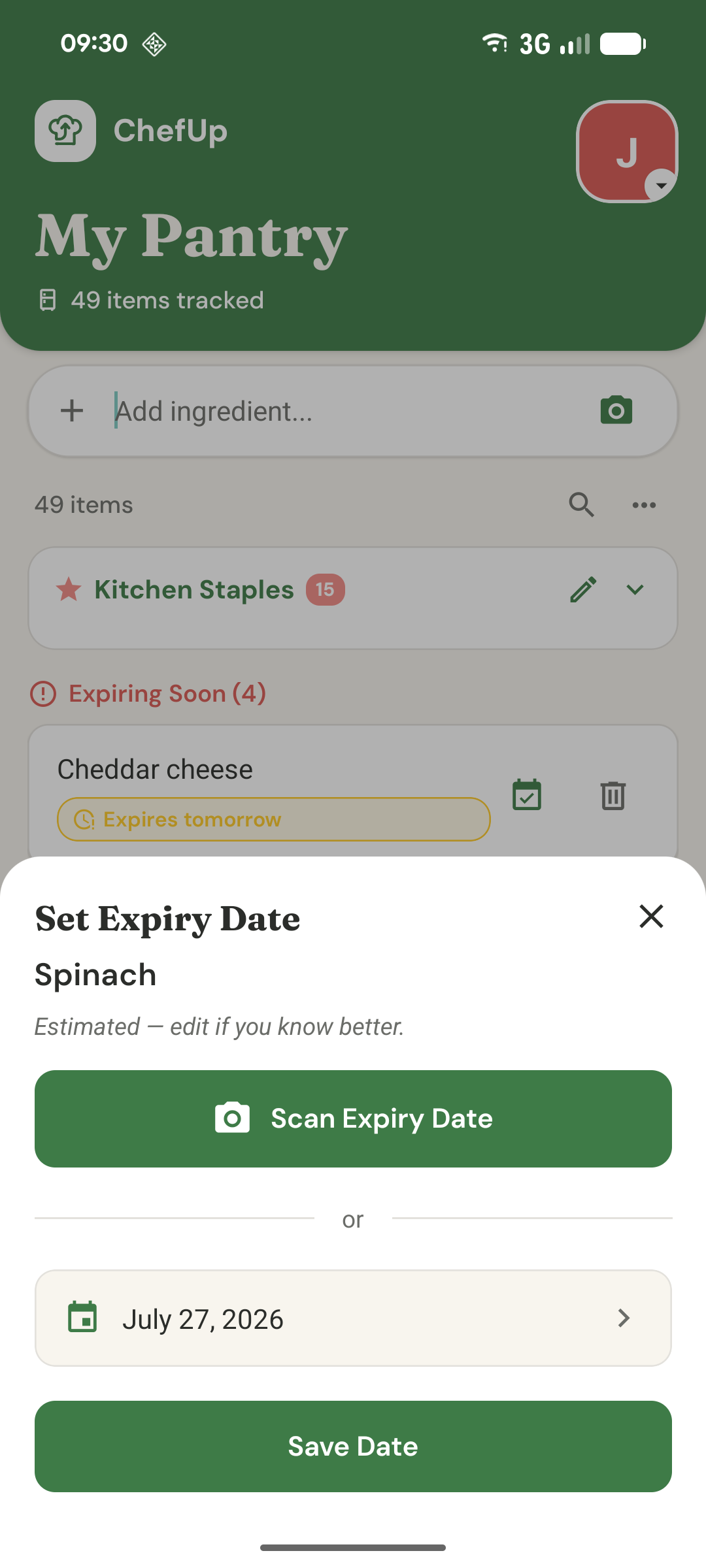 ChefUp automatically estimating an ingredient's expiry date for you