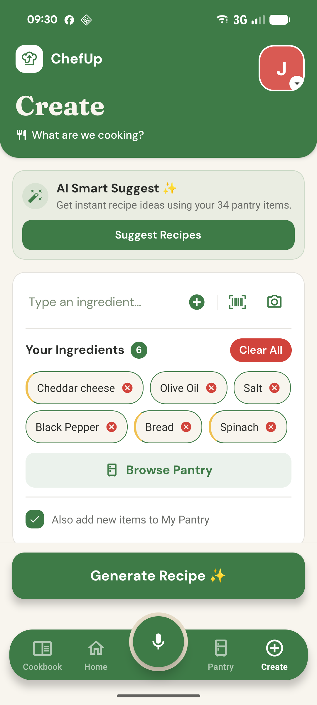 Create a recipe by picking pantry ingredients, meal type, and who's eating