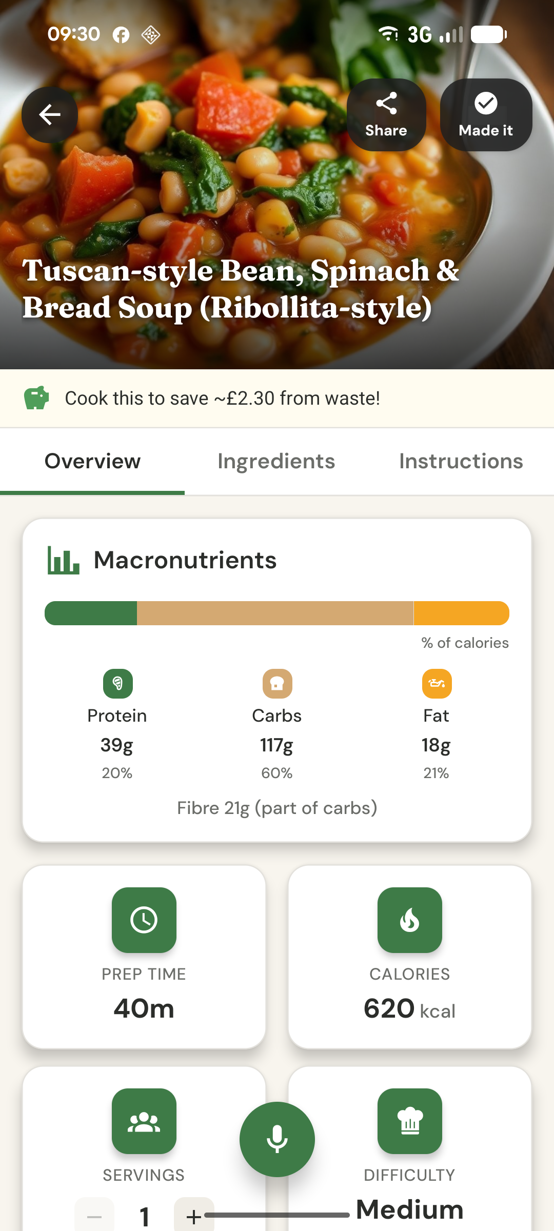 Recipe overview with macronutrient breakdown, prep time, and calories